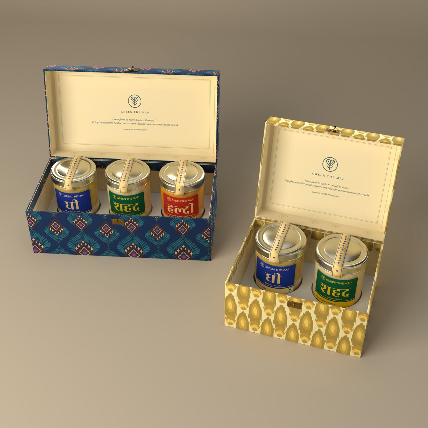 Both gift boxes open, with their jars