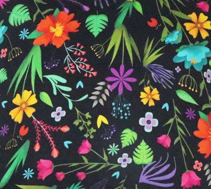 The Mystic Flower print: bright flowers on a deep ink ground