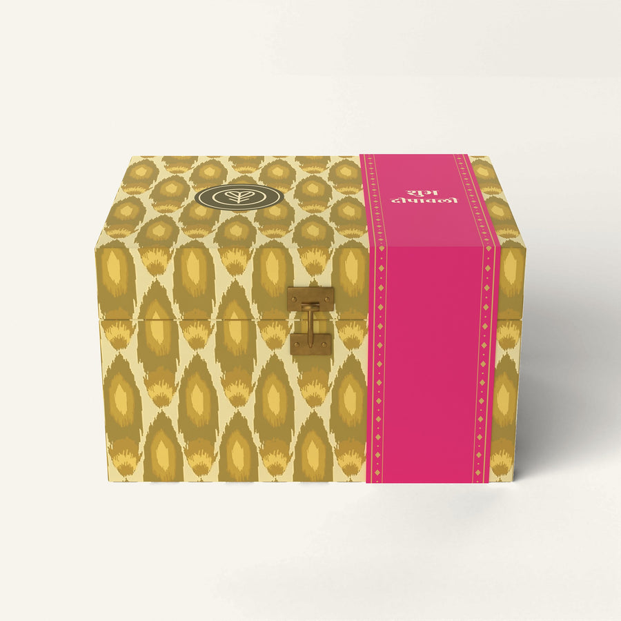 The closed Jyoti 2-jar Diwali gift box on a plain off-white background.