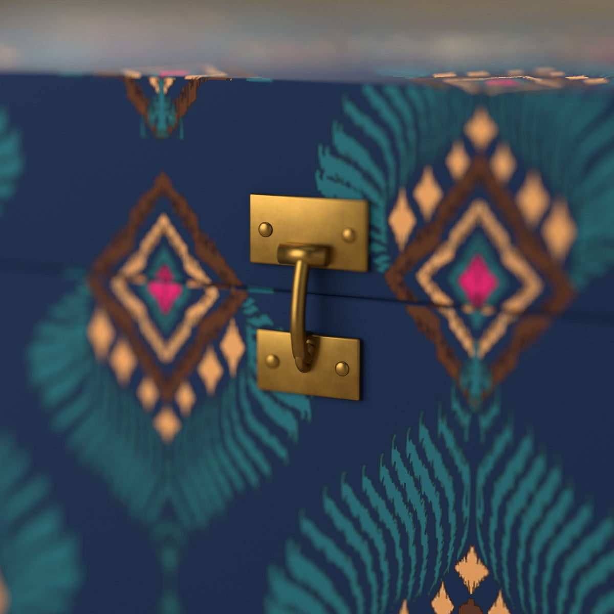 Close-up of the antique brass hook latch on the Mor-pankh ikat print.