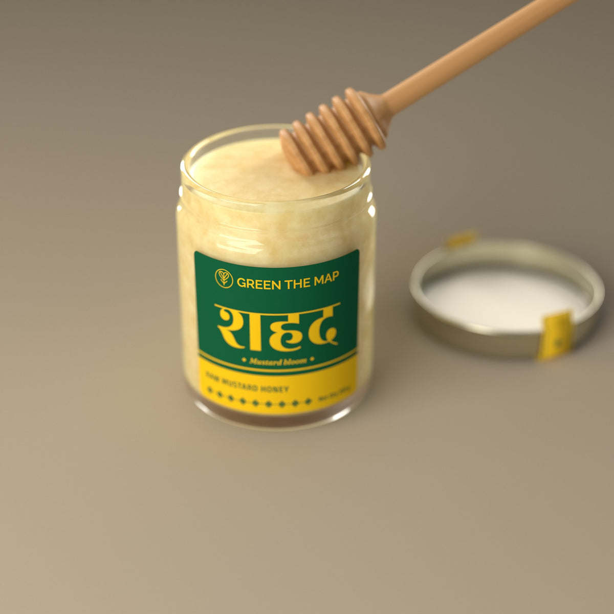An open jar of crystallised mustard honey with a wooden dipper resting in it.