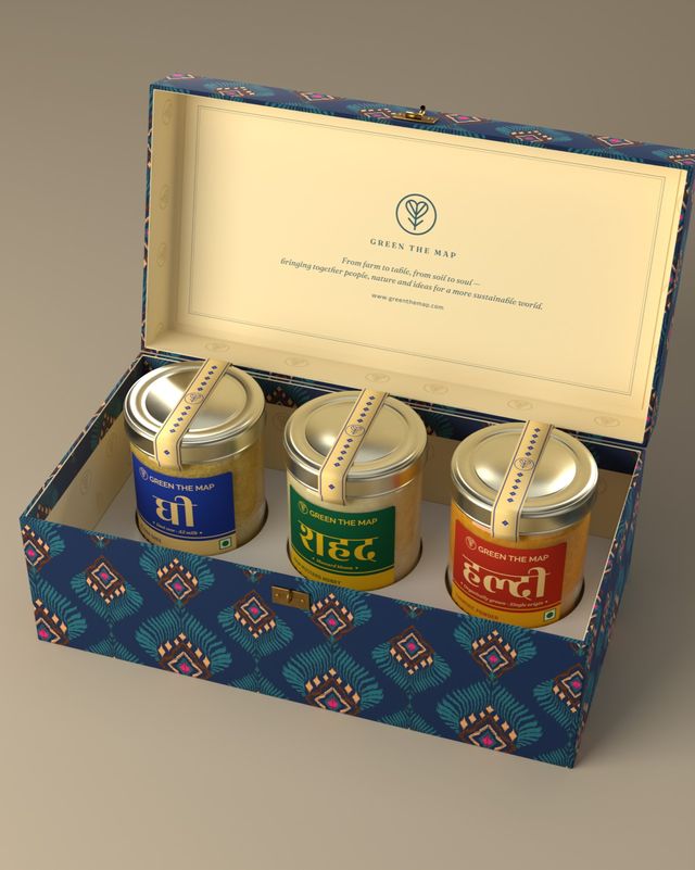 Mor-pankh gift box, open, with three jars